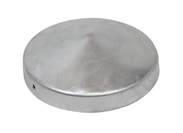 Runde Pfostenkappe aus Metall für Zaunpfosten mit seitlicher Bohrung zur Befestigung.