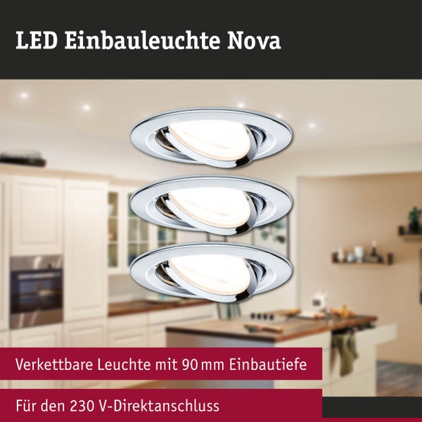 Drei schwenkbare LED Einbauleuchten Nova in einer hellen Küche, verkettbar mit 90 Millimeter Einbautiefe für 230 Volt Direktanschluss.