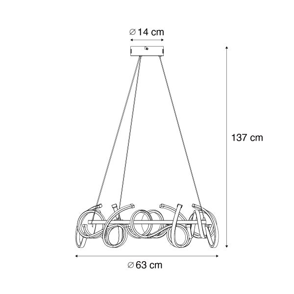 Technische Zeichnung einer Pendelleuchte mit den Maßen 137 cm Höhe und 63 cm Durchmesser.