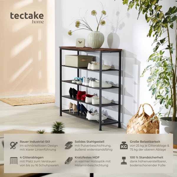 Schuhregal im Industriedesign mit vier Ablagen und Stahlgestell von tectake