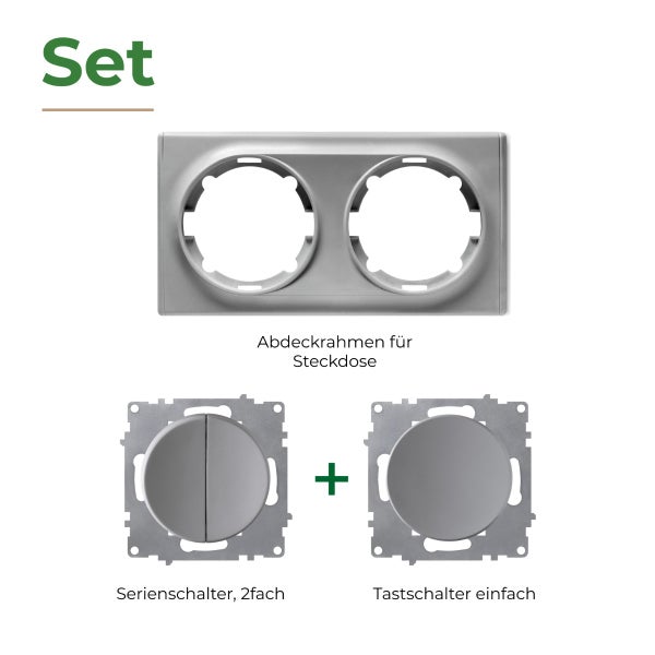 Set bestehend aus einem zweifachen Abdeckrahmen, einem Serienschalter und einem Tastschalter für die Elektroinstallation.