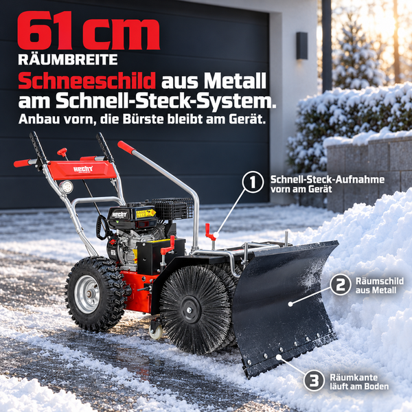 Hecht Kehrmaschine mit 61 Zentimeter Metallschneeschild und Schnellstecksystem zum einfachen Anbau vor der Bürste auf schneebedecktem Untergrund.
