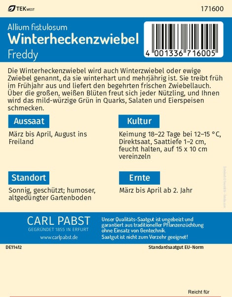 Rückseite der Samentüte für Winterheckenzwiebel Freddy von Carl Pabst mit Details zu Anbau und Ernte. Tekwest Logo, Carl Pabst Logo.