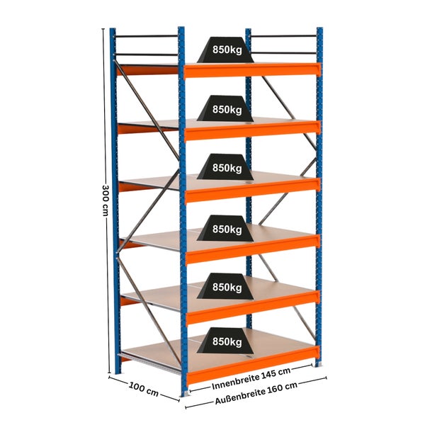 Hochregal mit sechs Ebenen und Belastungsangaben
