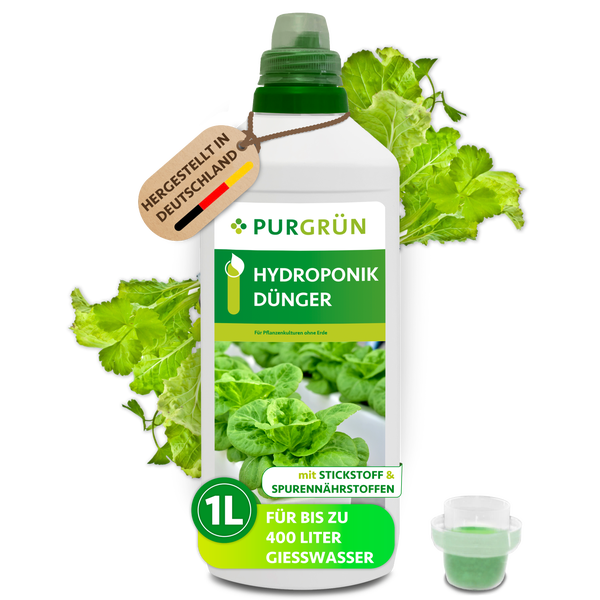 Purgrün Hydroponik Dünger in der 1 Liter Flasche, hergestellt in Deutschland, für bis zu 400 Liter Gießwasser.