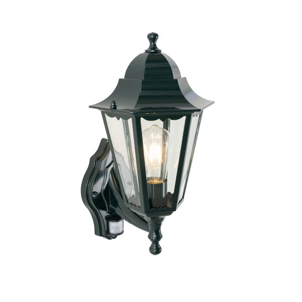 Außenwandleuchte in Laternenform aus Metall und Glas mit Bewegungsmelder.