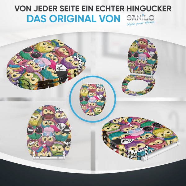 Sanilo Toilettensitz mit Eulen-Muster, dargestellt in verschiedenen Ansichten in offener und geschlossener Position sowie Sanilo Logo.