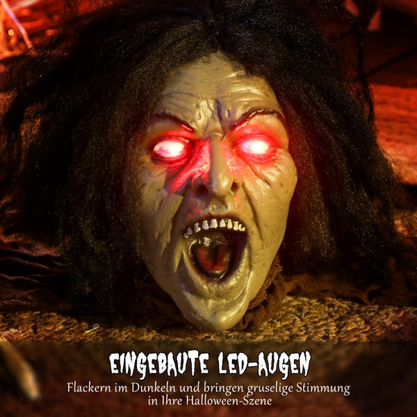 Dekorative Halloween Hexenpuppe mit roten LED-Augen für eine gruselige Atmosphäre