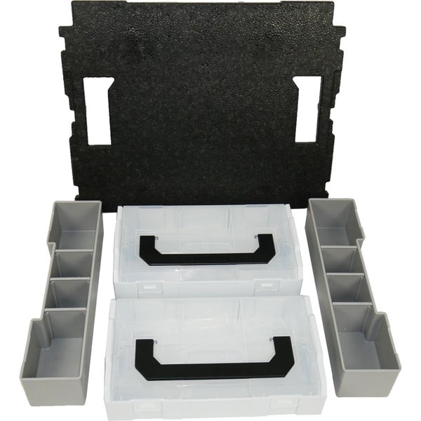 Ordnungssystem mit zwei transparenten Boxen, schwarzem Schaumstoffeinsatz und grauen Behältern