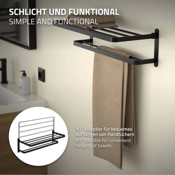 ML-Design Handtuchhalter ohne Bohren, 58 cm Handtuchstange selbstklebend, Schwarz, Aluminium, Handtuchregal zur Wandmontage für Badezimmer, 90°Klappbar, Doppelte Handtuchablage, Badetuchhalter faltbar