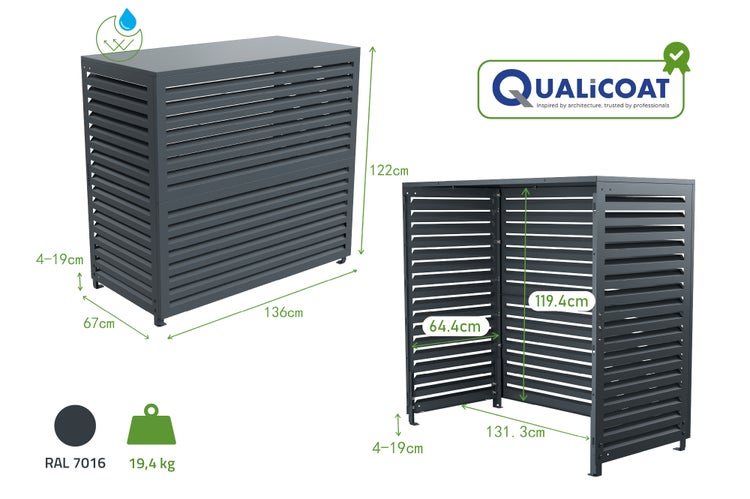 Klimaanlagen-Abdeckung aus Aluminium in RAL 7016 mit Lamellen, wetterfest, Maße 136 mal 122 mal 67 Zentimeter, Gewicht 19,4 Kilogramm, Qualicoat Logo.