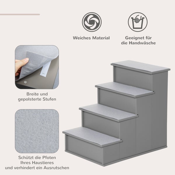 PawHut Hundetreppe 4 Stufen 54.2 cm Hoch, Haustiertreppe für Kleine Hunde Katzentreppe mit rutschfester Matte, Einstiegshilfe Haustierleiter für Bett, Sofa und Couch, Grau