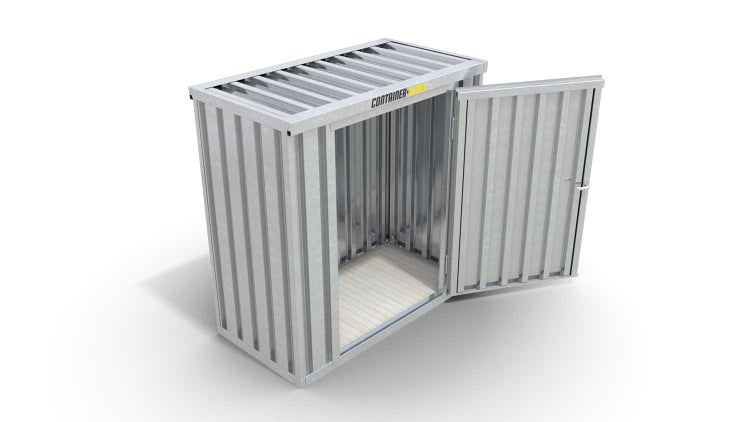 Lagercontainer Gerätehaus S  – 4 qm, H2150 x B2100 x T2170 mm, verzinkt, mit Holzfußboden, 1270 mm Einflügeltür mittig in Breitseite, zerlegt