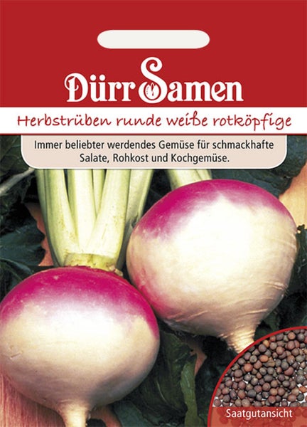 Dürr Samen Logo auf einer Saatgutpackung für Herbstrüben runde weiße rotköpfige mit Abbildung von zwei Rüben und einer Saatgutansicht.