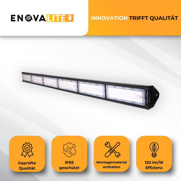 Enovalite Logo. LED Arbeitsleuchte mit geprüfter Qualität. IP65 geschützt. Inklusive Montagematerial und 120 Lumen pro Watt Effizienz.