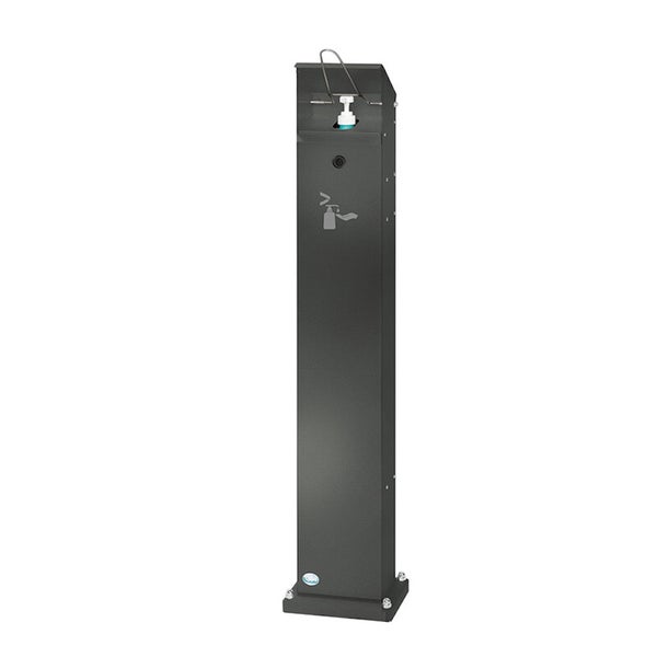 Freistehende Desinfektionssäule aus Metall für Händedesinfektionsmittel mit integriertem Spender.