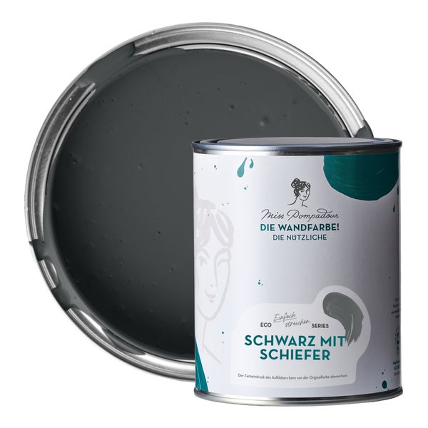 MissPompadour abwaschbare Wandfarbe 1L Schwarz mit Schiefer - hohe Deckkraft und Ergiebigkeit - matte, scheuerbeständige Innenfarbe - geruchsarm, wasserbasiert, atmungsaktiv - Die Nützliche