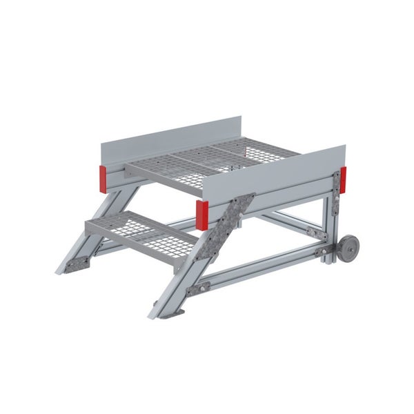 Mobile Arbeitsplattform aus Aluminium mit Gitterroststufen, Seitenwänden und Rollen.