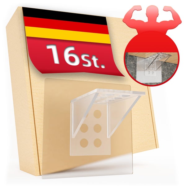 Packung mit 16 selbstklebenden Regalbodenträgern aus transparentem Kunststoff, hergestellt in Deutschland, mit Symbol für hohe Belastbarkeit.