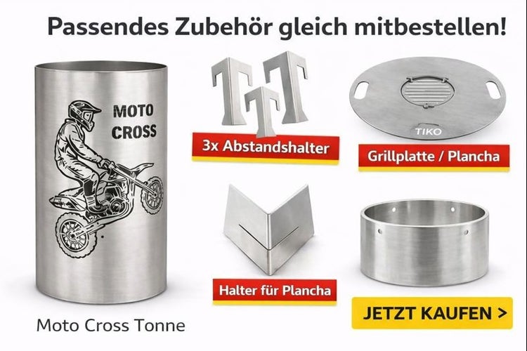 Motocross Feuerstelle mit Zubehör wie Grillplatte, Abstandshalter und Plancha Halter