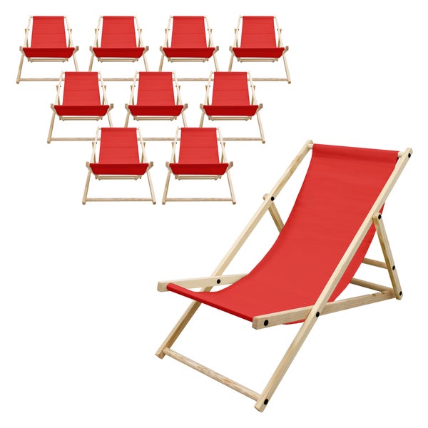 ECD Germany 10er Set Liegestuhl klappbar, Rot, aus Holz, verstellbare Rückenlehne, 3 Positionen, bis 120kg, Sonnenliege Gartenliege Strandliege Strandstuhl Holzklappstuhl, für Garten, Balkon & Strand