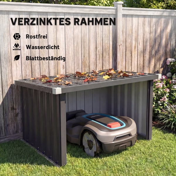 Mähroboter-Garage aus Metall mit Mähroboter auf Rasen, Eingang 84 Zentimeter breit und 57 Zentimeter hoch.