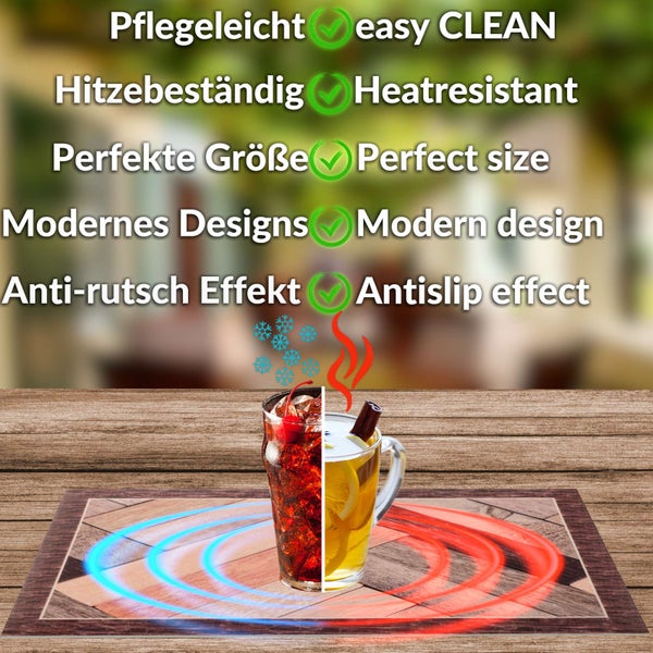 Tischset mit Eigenschaften: pflegeleicht, hitzebeständig, perfekte Größe, modernes Design und Anti-Rutsch-Effekt. Darstellung von Heiß- und Kaltgetränken.
