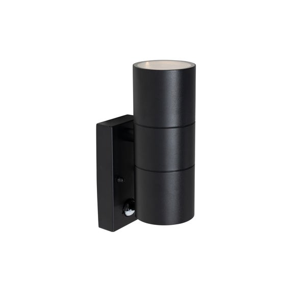 Zylindrische Außenwandleuchte aus Metall in Schwarz mit integriertem Bewegungsmelder.