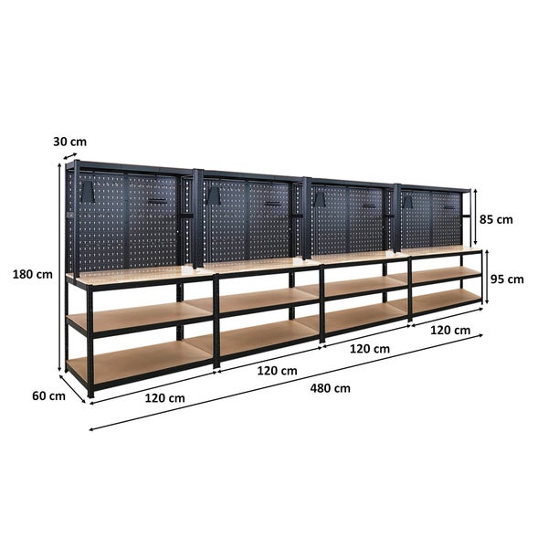 PROREGAL Mega Deal 4x Profi Werkbank GIANT BEAST mit Lochwand HxBxT 180x120x60cm Fachlast 175kg inkl. Werkzeughalter Set Schwarz Arbeitstisch