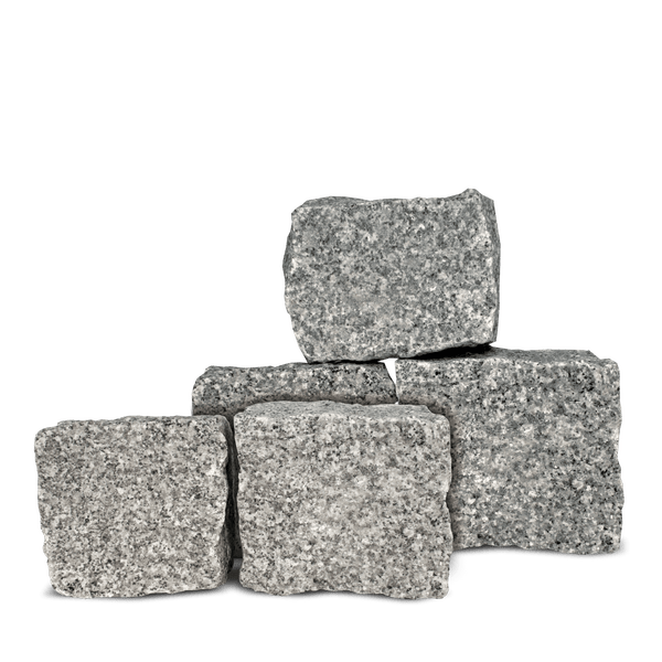Pflastersteine aus Granit, grau gesprenkelt, grobe Naturstein-Oberfläche.