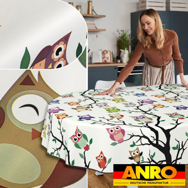 Runde Tischdecke mit Eulenmotiven und ANRO Deutsche Manufaktur Logo