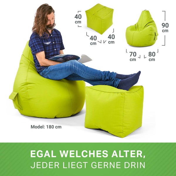 Green Bean 2er Set Sitzsack + Hocker - fertig befüllt - robust waschbar schmutzabweisend - Kinder & Erwachsene Bean Bag Bodenkissen Lounge Sitzhocker Relax-Sessel Gamer Gamingstuhl Pouf - Apfelgrün