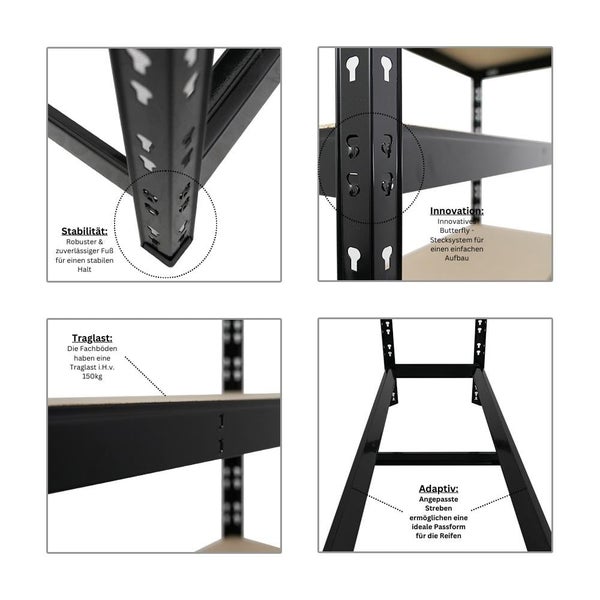 PROREGAL Mega Deal 4x Reifenregal Tiger HxBxT 180x120x40 cm bis zu 12 Reifen auf 2 Ebenen mit 2 Fachboden Schwarz Reifenständer