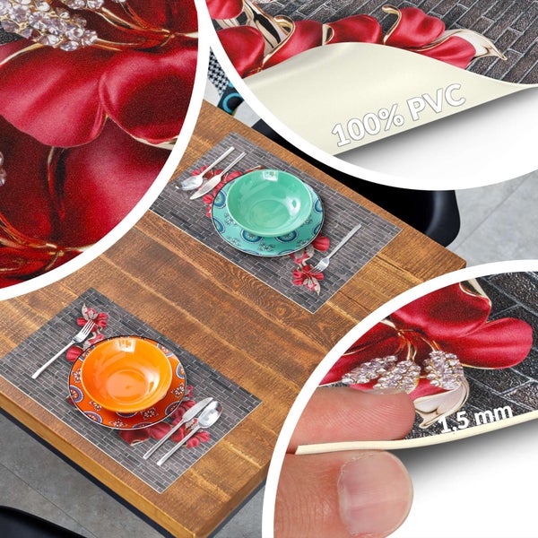 Tischsets aus 100 Prozent PVC, 1,5 Millimeter dick, mit rotem Blumenmuster auf Backstein-Optik, auf einem Holztisch.