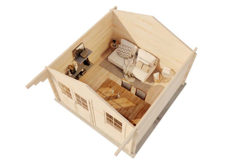 Innenansicht eines hellen Gartenhauses aus Holz mit Sofa, Tisch und Regalen. Geräumiger Raum mit Fenstern und einer Doppeltür.