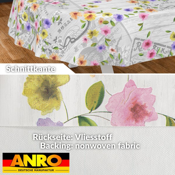 Tischdecke mit floralem Muster, Vintage-Druck, Rückseite aus Vliesstoff und Schnittkante. ANRO DEUTSCHE MANUFAKTUR Logo.