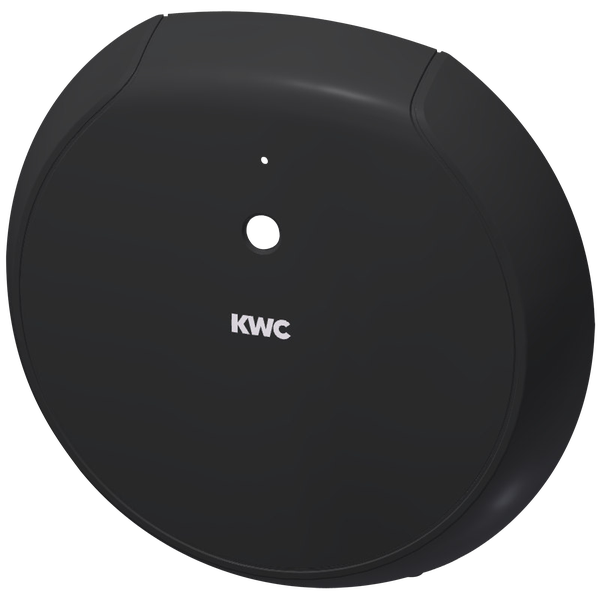 Runde Abdeckplatte in Mattschwarz mit KWC Logo und zentraler Öffnung.