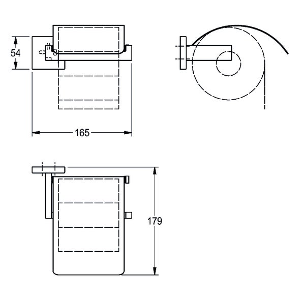 Maßzeichnung Toilettenpapierhalter mit Ablage, Breite 165 Millimeter, Gesamthöhe 179 Millimeter, Wandhalterung 54 Millimeter.