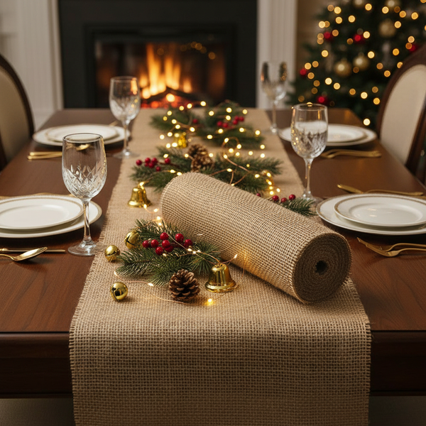 Festlich gedeckter Holztisch mit einem Tischläufer aus Jute, dekoriert mit Tannenzweigen, roten Beeren, Zapfen, Goldglocken und LED-Lichterkette.