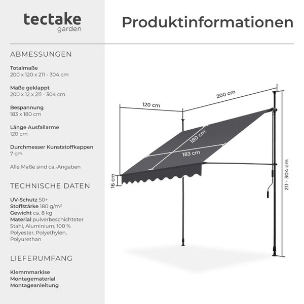 Klemmmarkise tectake  einfache Montage mit Handkurbel schwarz/grau