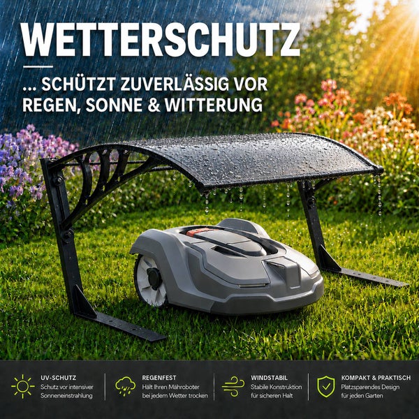 Mähroboter Garage aus Kunststoff zum Schutz vor Regen und Sonne auf einer Rasenfläche.