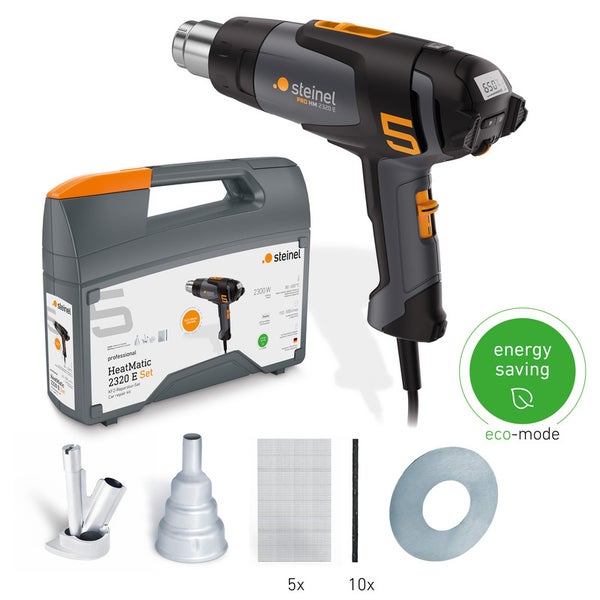Steinel Logo auf Heißluftpistolen-Set HeatMatic 2320 E mit grau-schwarzem Gerät, Koffer, Düsen und Gitternetz. Mit Energiespar-Ökomodus.