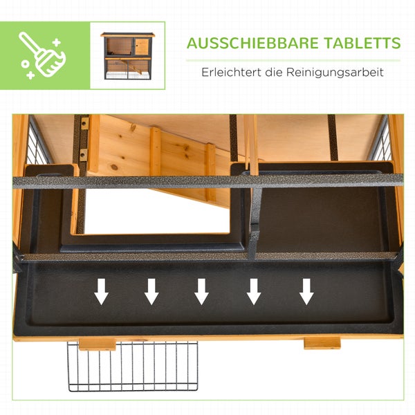 PawHut Hasenstall 2 Ebenen Kaninchenstall aus Vollholz Doppelstockhaus mit verschließbarer Tür 89,5 x 45 x 81 cm Kaninchenkäfig Kleintierstall für Hasen Kaninchen Hasenkäfig für Outdoor Hellgelb