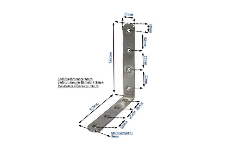 Winkelverbinder aus Metall mit Maßen 125 mal 125 mal 19 mal 3 Millimeter, fünf Millimeter Lochdurchmesser, ein Stück pro Packung.