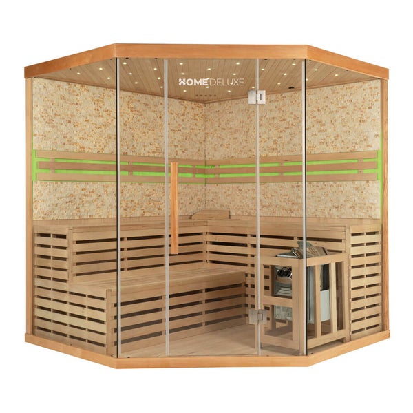 Ecksauna von Home Deluxe mit Glasfront, Innenbänken aus Holz, Steinwandoptik und Saunaofen