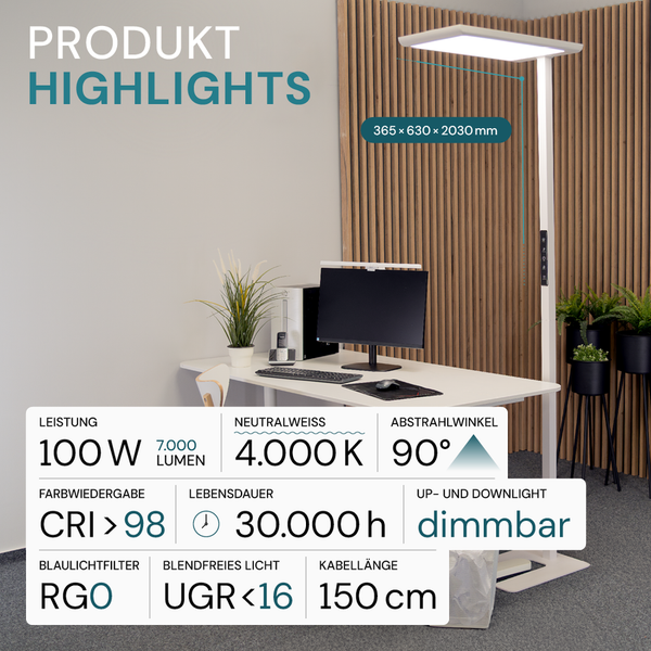 Produkt-Highlights: Stehleuchte mit den Maßen 365 x 630 x 2030 mm, Leistung 100 Watt, 7.000 Lumen, Farbwiedergabe CRI größer 98, neutralweißes Licht 4.000 Kelvin, Abstrahlwinkel 90 Grad, Lebensdauer 30.000 Stunden, dimmbar, Blaulichtfilter RGO, blendfreies Licht UGR kleiner 16, Kabellänge 150 cm
