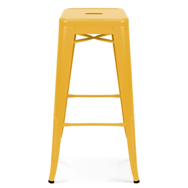Gelber Barhocker aus Metall mit Fußstütze und Grifföffnung in der Sitzfläche.