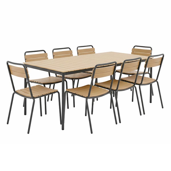 Gartenmöbel-Set mit einem rechteckigen Tisch und acht Stühlen aus dunkelgrauem Metall und hellen Holzlamellen.