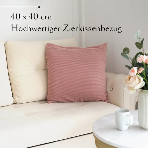 Cord Kissenbezug 40x40 - 4er Kordsamt Weiche Kissenbezüge 40x40 cm - Dekokissen Sofakissen - Kord Kissenhüllen 40x40 cm - Sofa Kissenbezug Cord - Kissen Deko Kissenbezug 40x40 Rosa