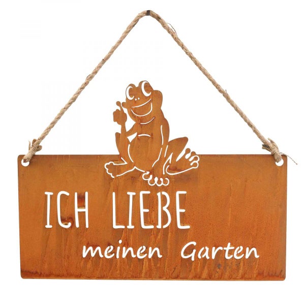 Gartenschild mit Frosch und dem Schriftzug Ich liebe meinen Garten